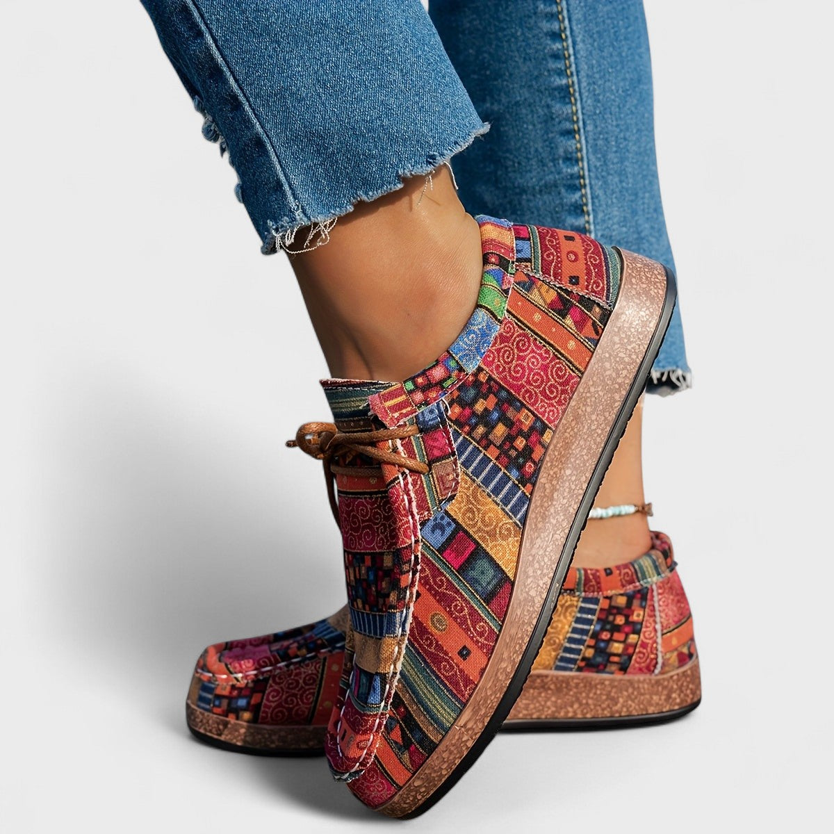 Seryphina™ orthopedic sneakers, patchwork print side view, brown lace-up and textured sole