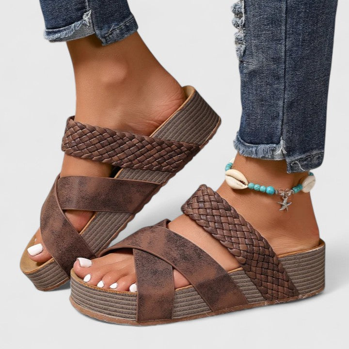 Cognac orthopedic sandals with braided cross straps and cushioned wedge sole