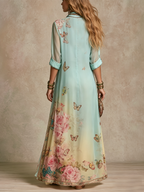 Mint green chiffon floral maxi dress with back yoke and three-quarter sleeves