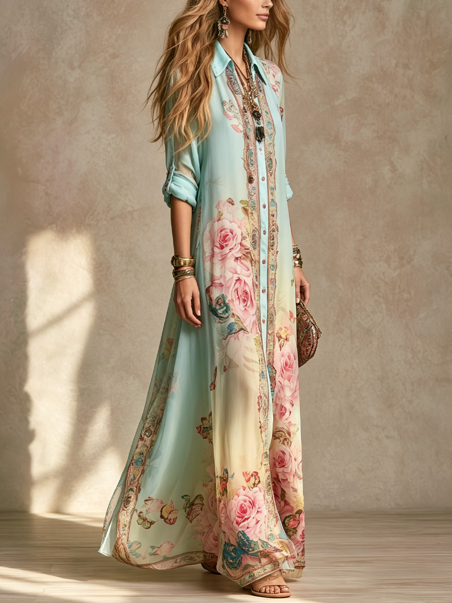 Mint green chiffon floral maxi dress with rose-and-butterfly border print and button front