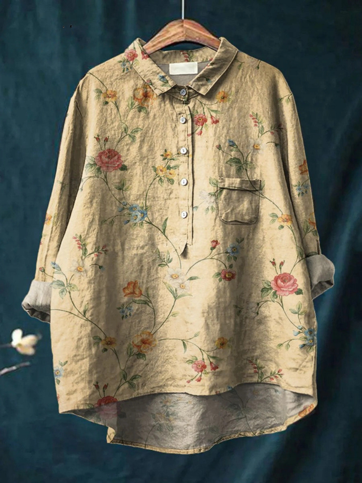 Women's vintage floral button-up shirt, tan with multicolor blooms, chest pocket.