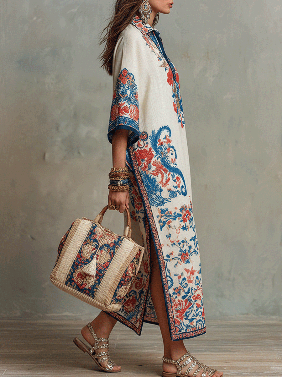 Ivory caftan midi dress with blue and red floral paisley, side view with wide sleeves