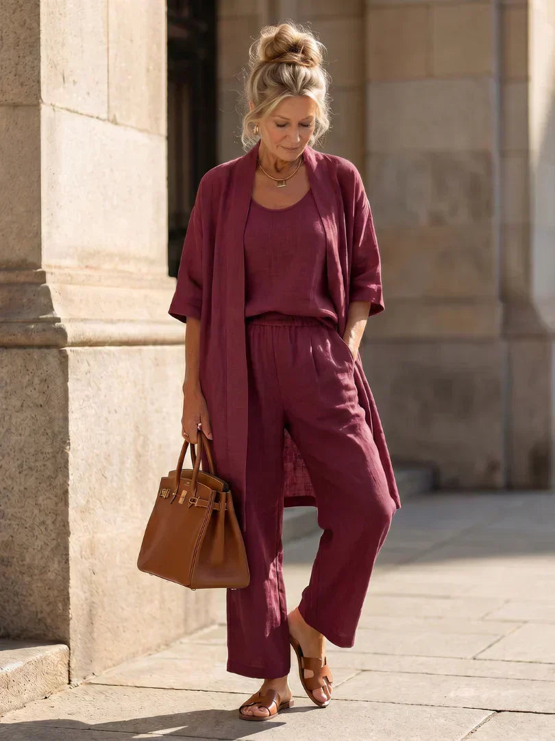 Women's wine-red linen-style set with scoop-neck top, wide-leg pants, and open kimono cardigan
