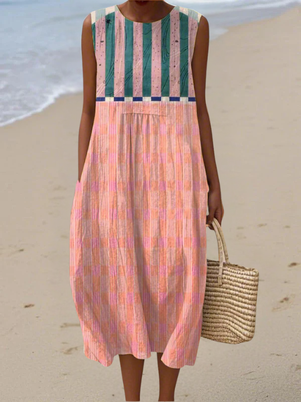 Lily™ pastel striped sleeveless midi dress with crew neck and gathered skirt