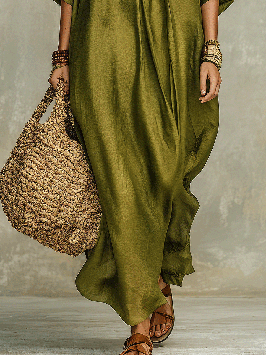 Olive green bohemian maxi dress, flowing maxi hem and draped side folds