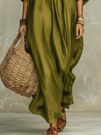 Olive green bohemian maxi dress, flowing maxi hem and draped side folds