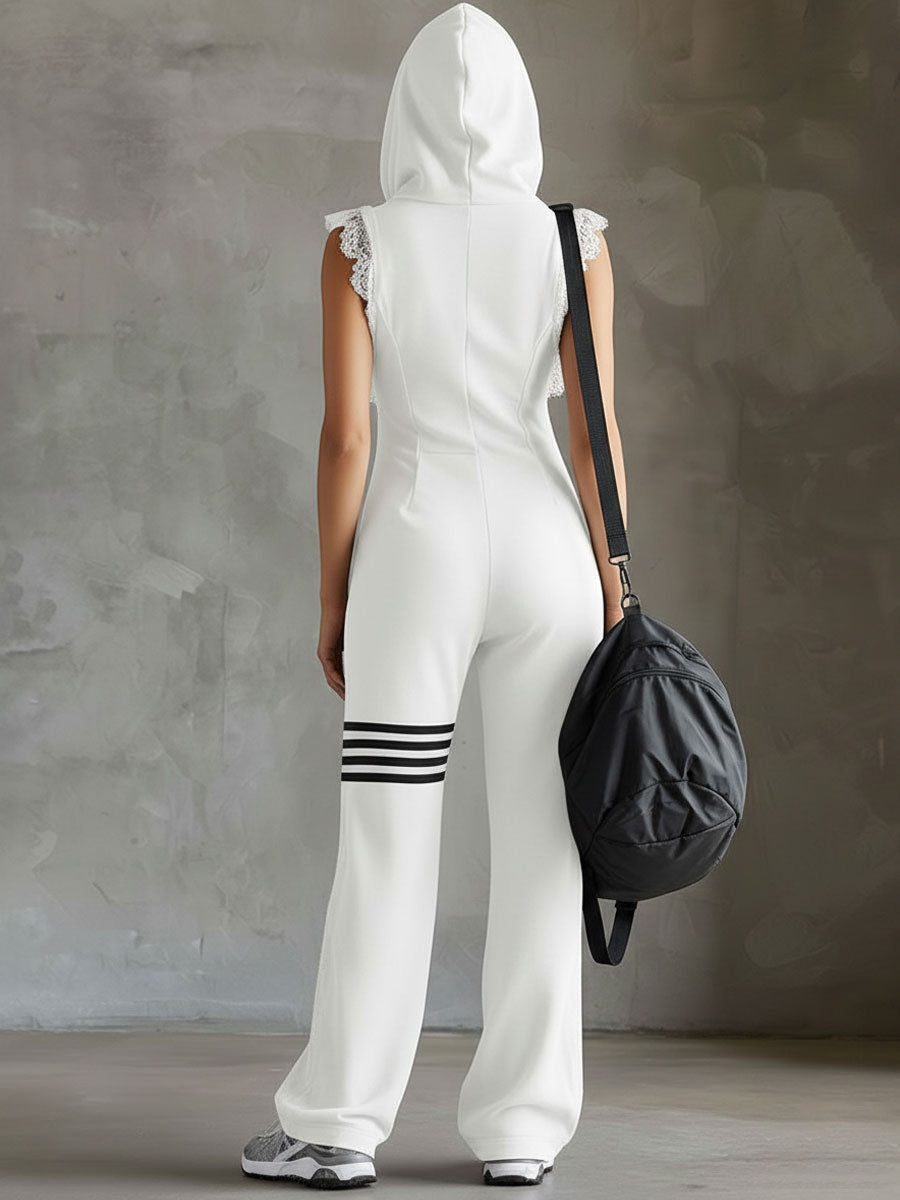 White hooded back view jumpsuit with striped cuff hem and lace shoulder trim