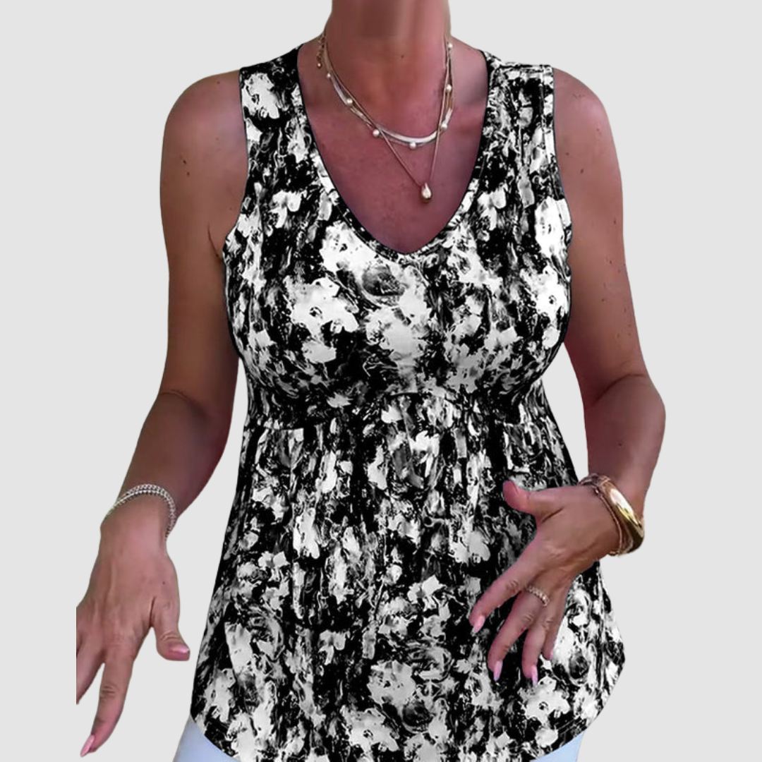 Soft breathable sleeveless top with black-and-white abstract print, V-neck, ruched waist