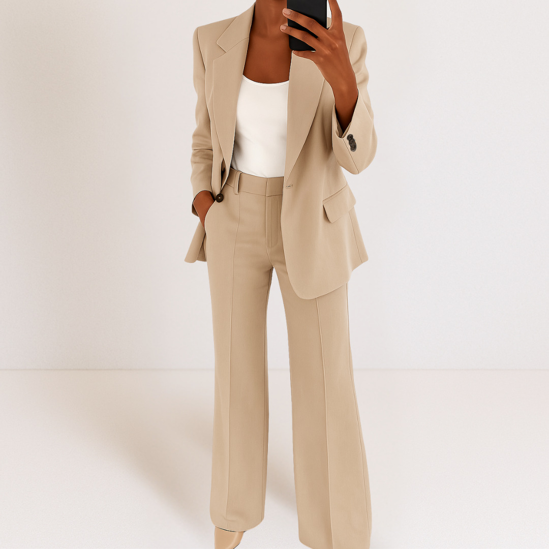 Beige tailored two-piece suit set with blazer and matching trousers, single-breasted.