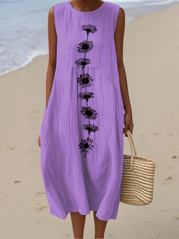 Emma™ Violet Bloom midi dress, light purple sleeveless with black flower print