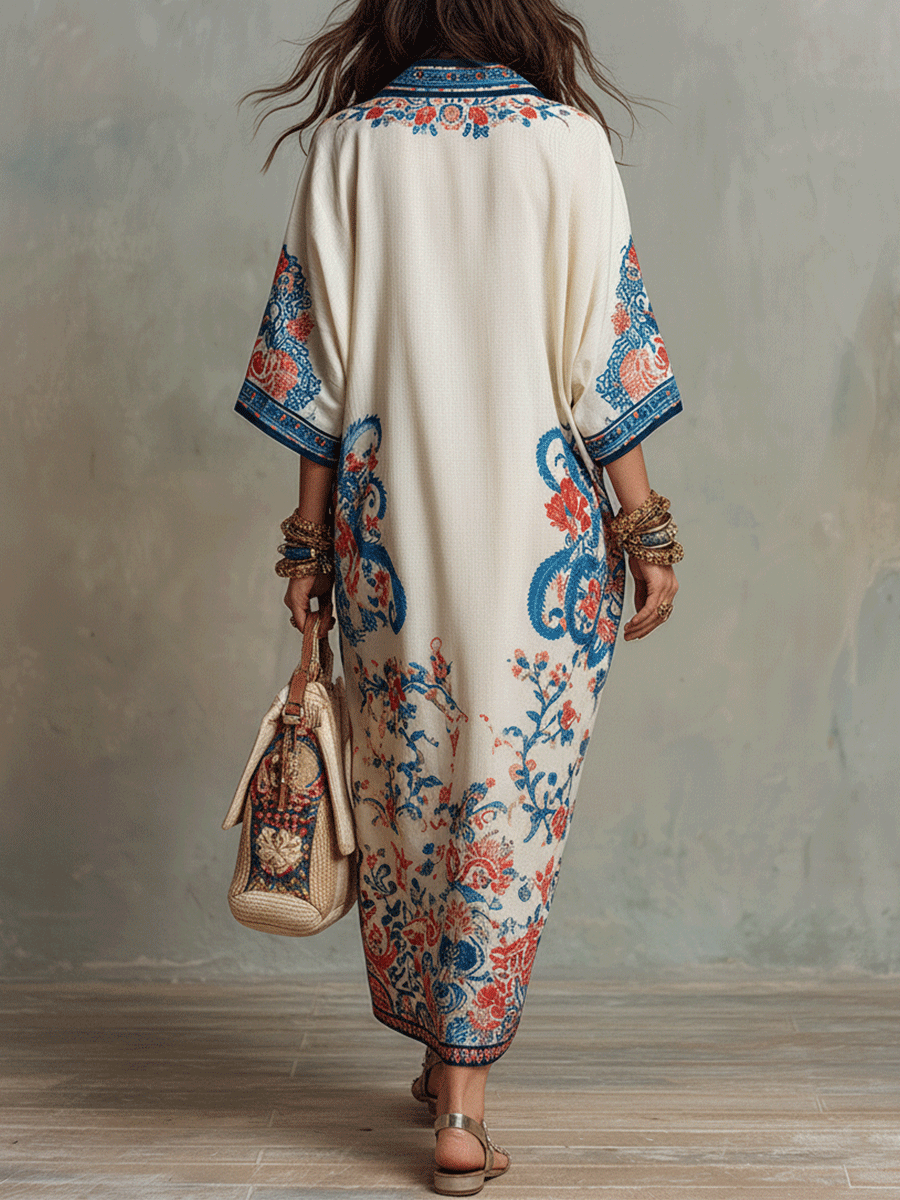 Ivory caftan midi dress, back view with blue and red floral paisley and wide sleeves