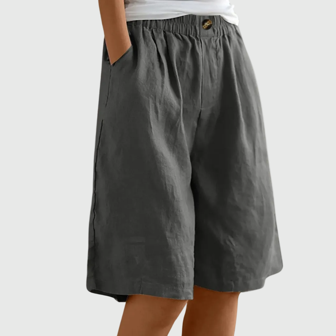 Loose-fit elastic waist shorts in dark gray with button detail at waistband