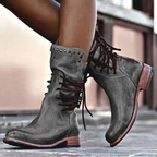 Gray vintage lace-up boots with black laces and studded ankle side strap