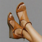 Cognac orthopedic wedge sandals, close-up view of ankle strap and toe openings