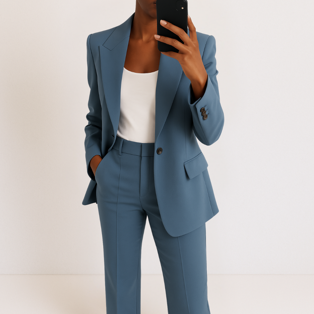 Blue tailored two-piece suit set with blazer and matching trousers, structured lapels.