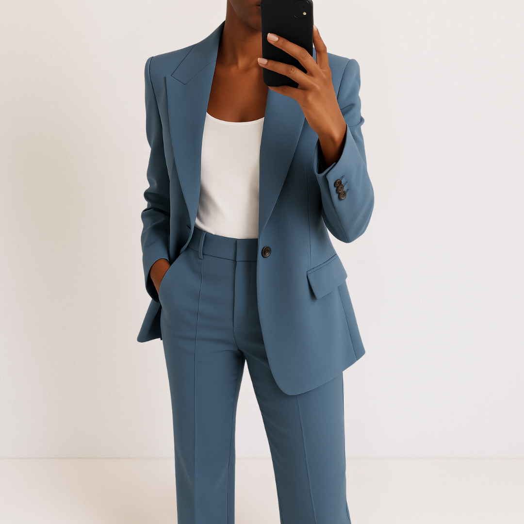 Blue tailored two-piece suit set with blazer and matching trousers, structured lapels.