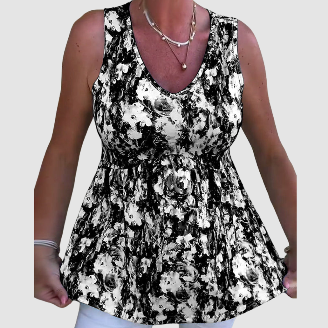 Soft breathable sleeveless top with black-and-white abstract print, V-neck, gathered waist
