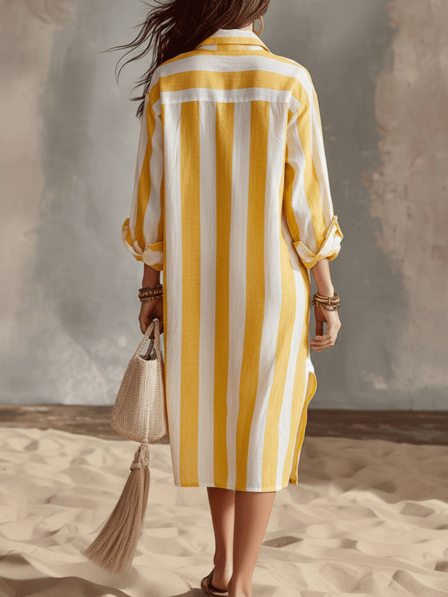 Yellow and white striped midi dress, back view, relaxed silhouette, long sleeves