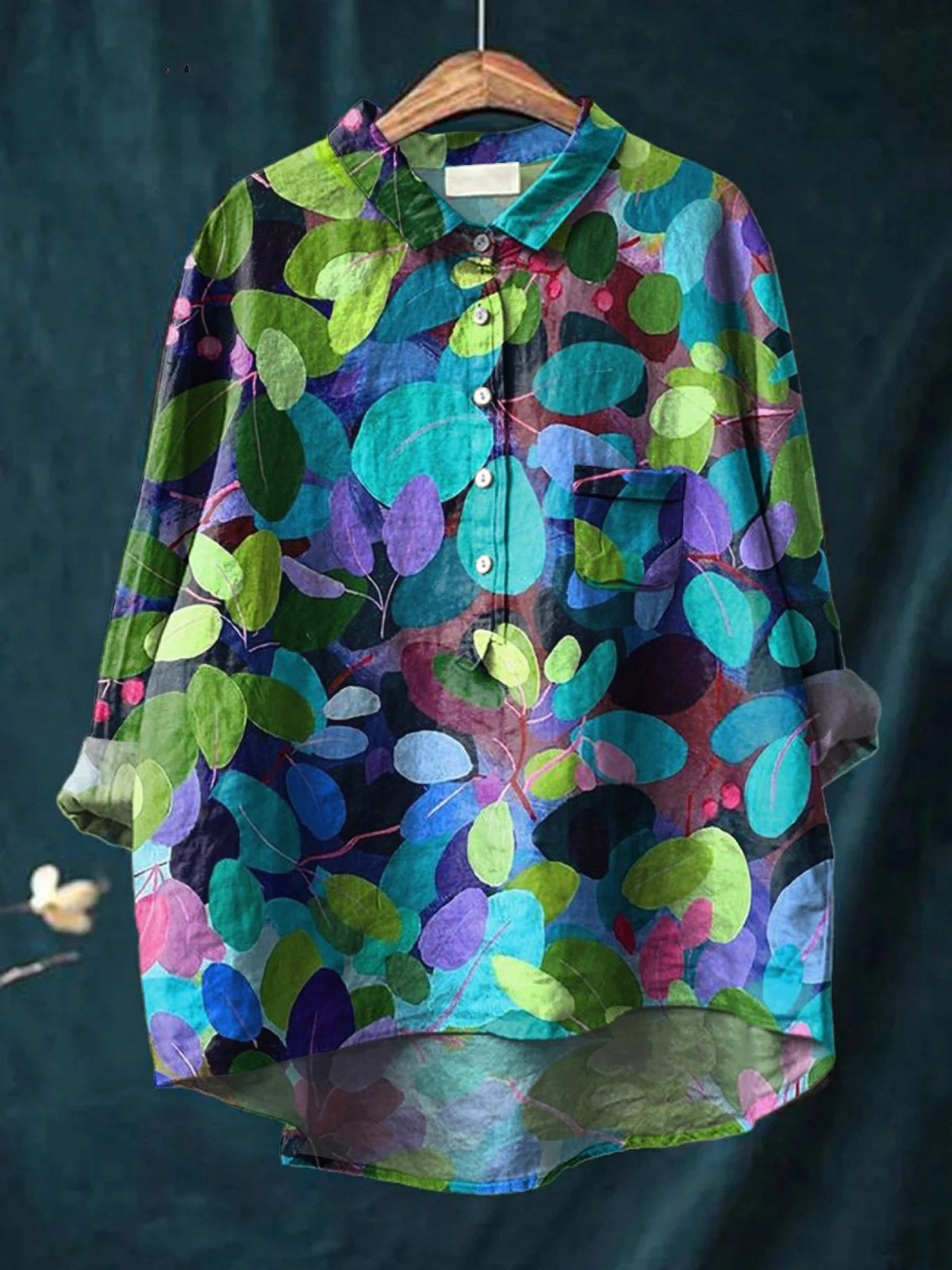 Women's casual button-up shirt with multicolour leaf and circle art print, long sleeves