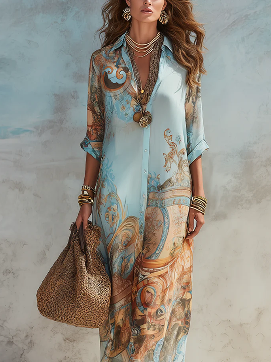 Light blue chiffon maxi dress with baroque scroll print, V-neck, three-quarter sleeves