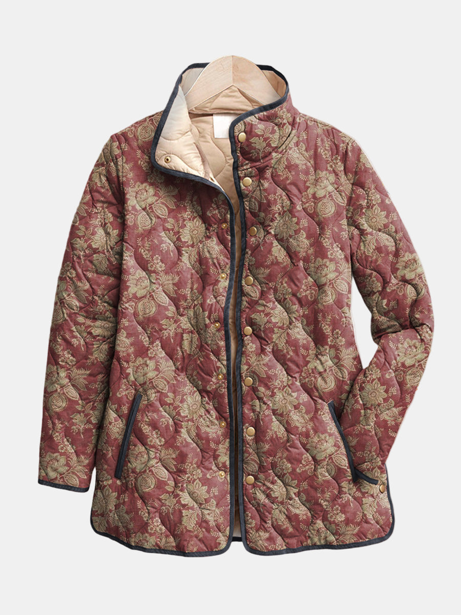 Women’s retro floral print jacket, maroon multicolor with button front and stand collar