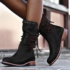 Black vintage lace-up boots with lace-up front, studded ankle strap, low heel