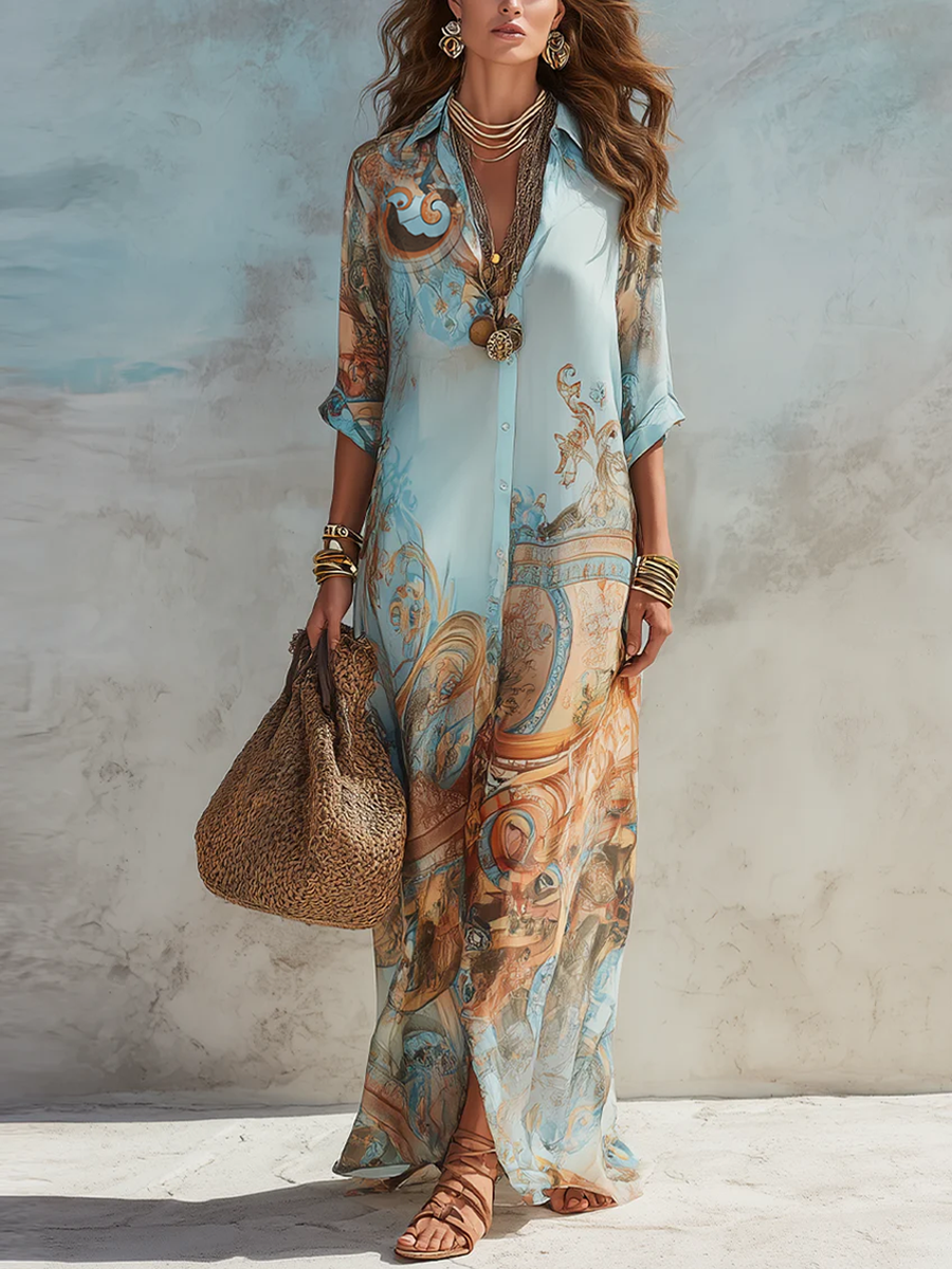 Light blue chiffon maxi dress with baroque scroll print, V-neck, three-quarter sleeves