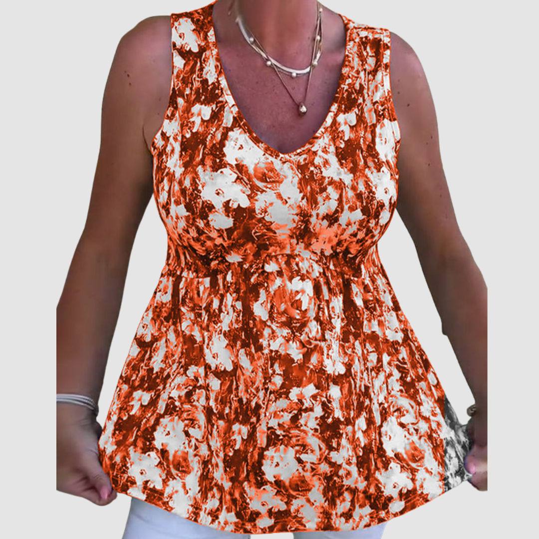 Natasha™ soft breathable sleeveless top, orange-and-white abstract print, V-neck