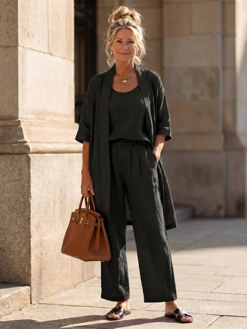 Lorrin™ elegant set in black: open kimono over scoop-neck wide-leg jumpsuit