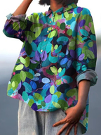 Women's casual button-up shirt in multicolour leaf print, open collar, three-quarter sleeves