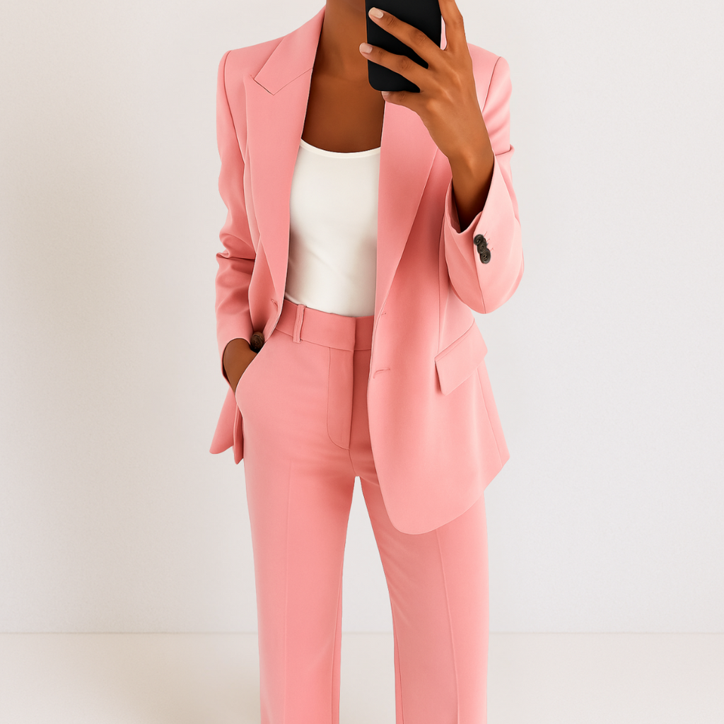 Pink tailored two-piece suit set with blazer and matching trousers, buttoned cuffs.