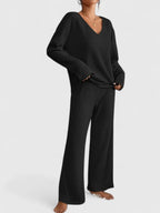 Black ribbed knit V-neck long-sleeve top and wide-leg pants matching set