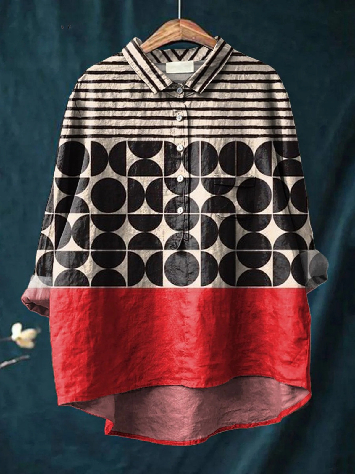 Women’s casual button-up shirt with black-and-white geometric print and red hem