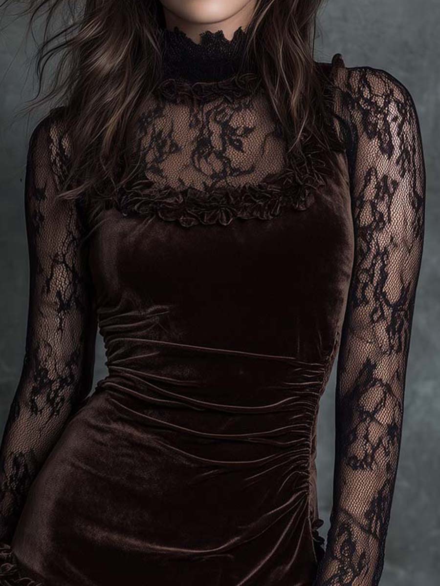 Dark brown velvet mini dress with high neck lace overlay and long sheer sleeves