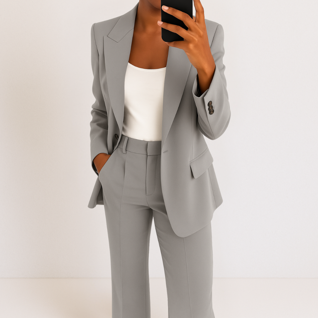 Gray tailored two-piece suit set with blazer and matching trousers, pocketed blazer.
