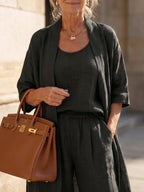 Lorrin™ elegant set in black: draped kimono over scoop-neck top and wide-leg pants