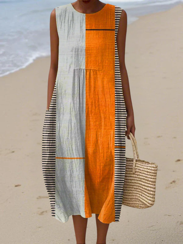 Colorblock midi dress, sleeveless, orange and light blue with striped side panels