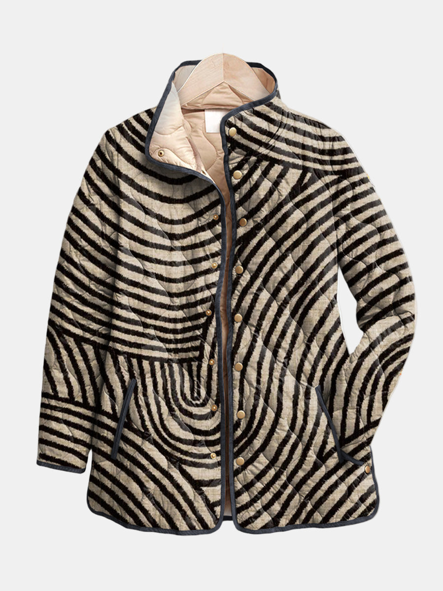 Quilted retro circle-pattern jacket with black-and-white stripes and button front