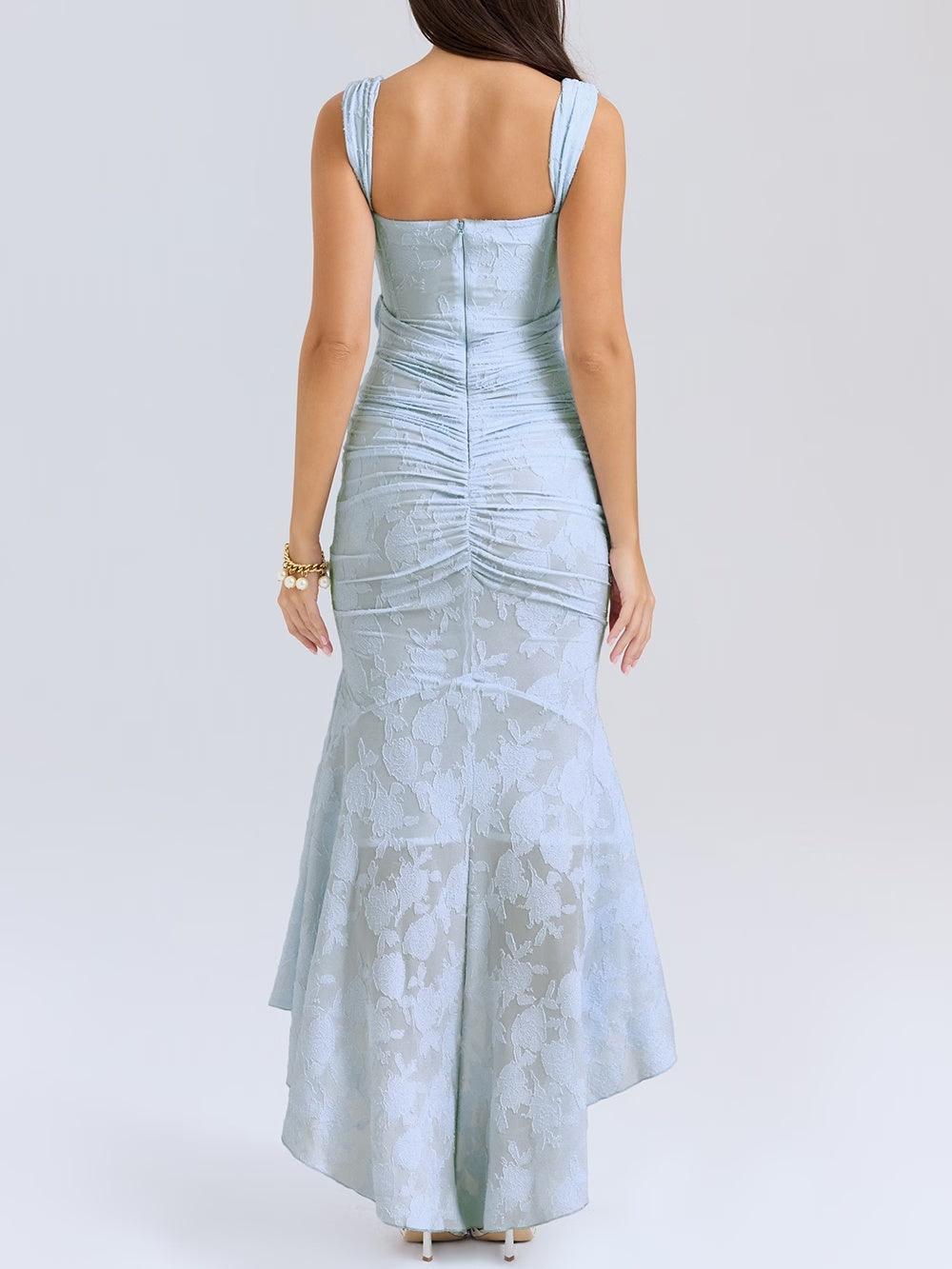 Blue floral sleeveless maxi dress, ruched back and fitted corset silhouette.