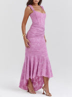 Pink floral maxi dress with spaghetti straps, ruched bodice and flowing fishtail hem