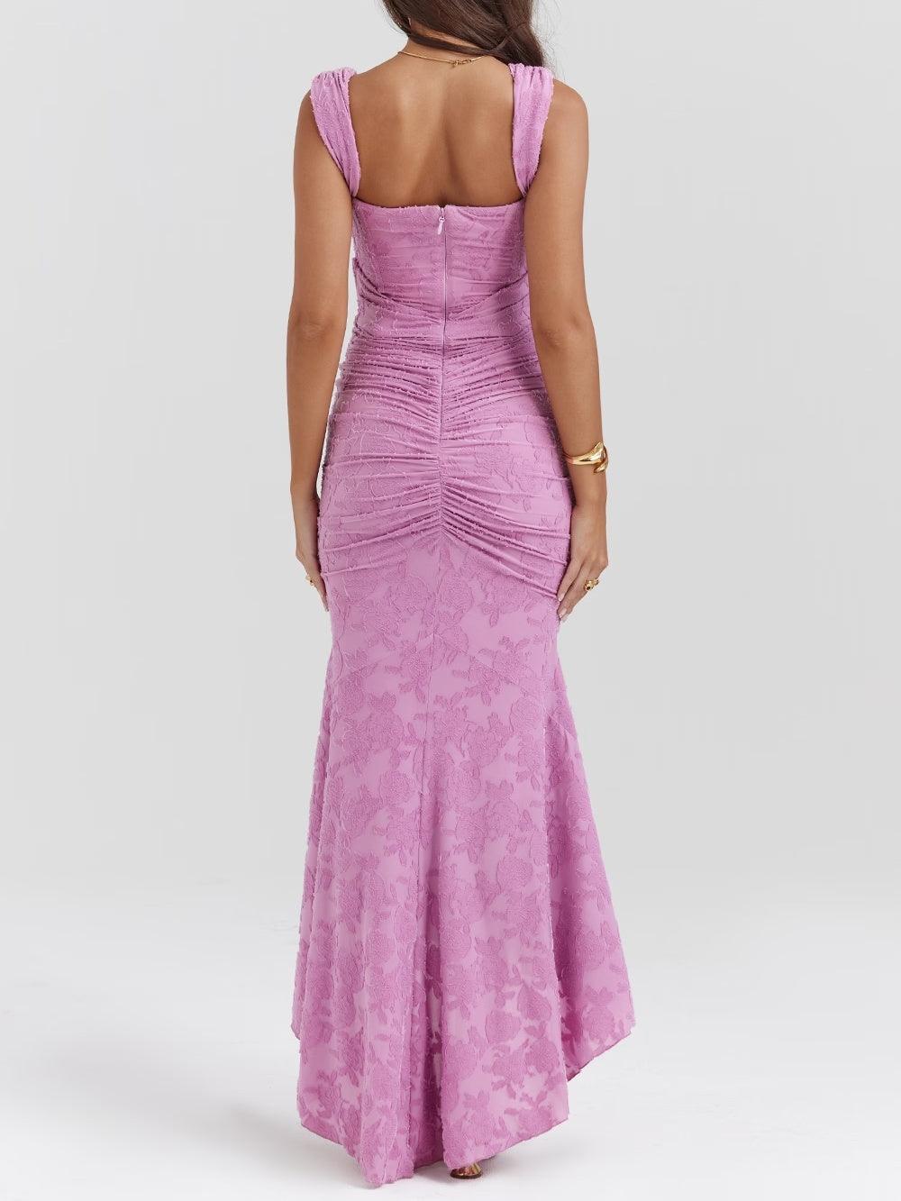 Pink floral maxi dress with sleeveless scoop-back design, ruched waist and long flared skirt
