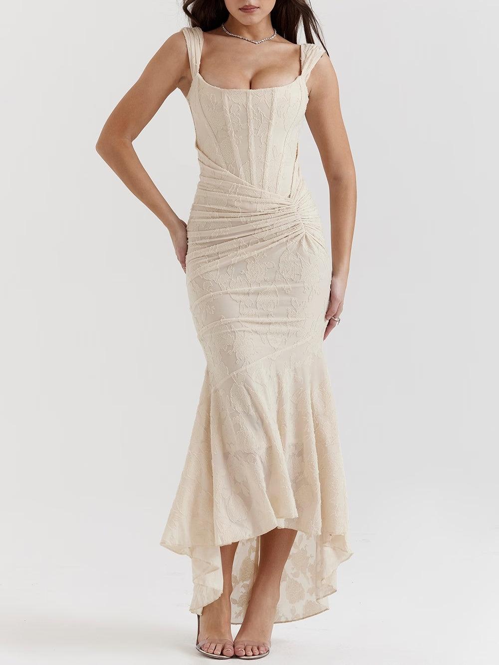 Cream ruched sleeveless maxi dress with square neckline and asymmetric layered hem