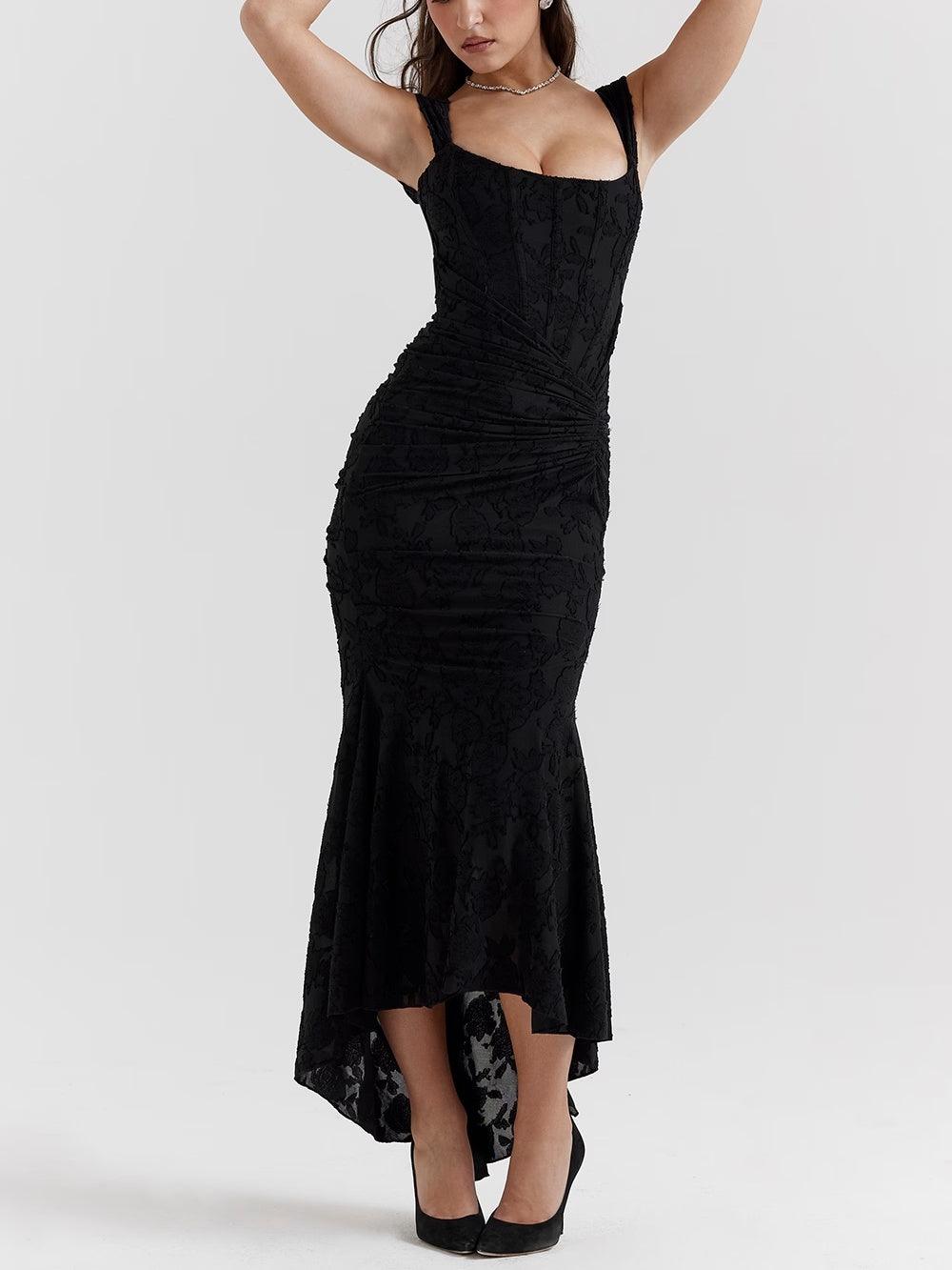 Black floral maxi dress with square neckline, ruched fitted bodice and flared asymmetrical hem