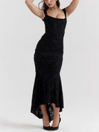 Black floral maxi dress with square neckline, ruched fitted bodice and flared asymmetrical hem
