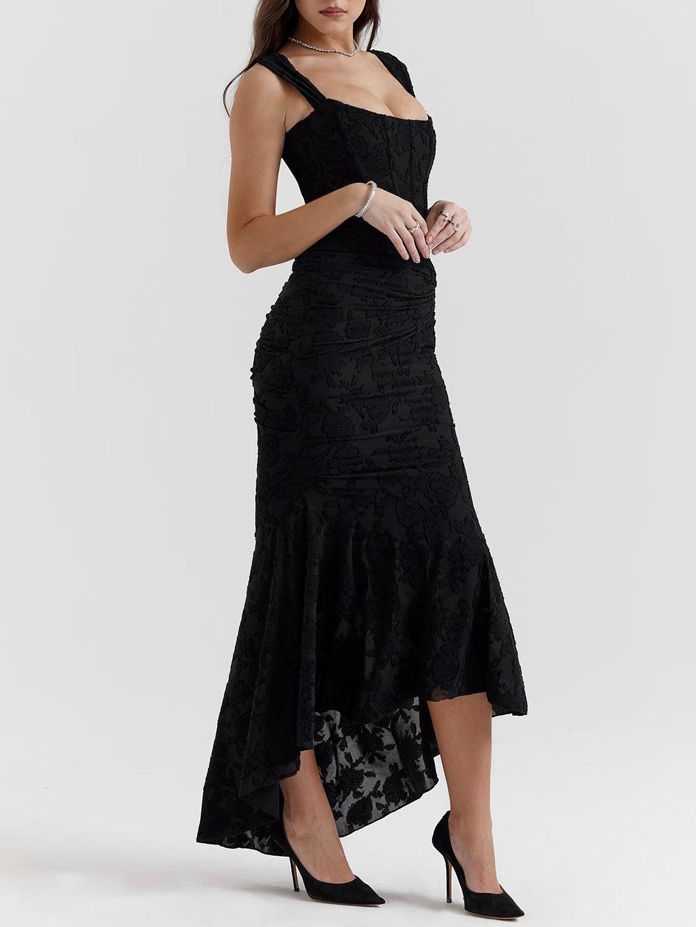 Black floral maxi dress with one-shoulder strap, ruched body and flared high-low hem