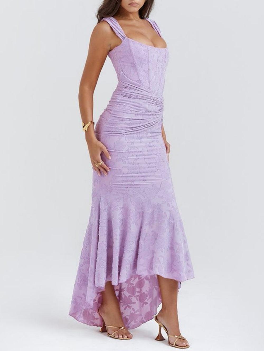 Lilac sleeveless maxi dress with ruched bodice and flared skirt