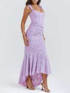 Lilac sleeveless maxi dress with ruched bodice and flared skirt