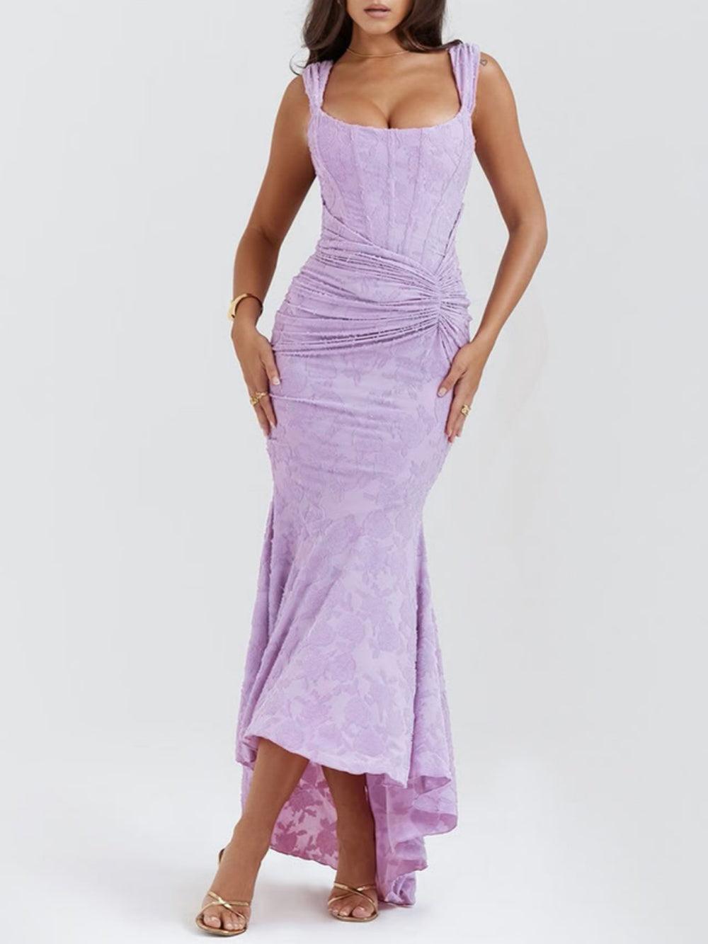 Lilac floral sleeveless maxi dress with ruched waist and square neckline