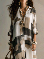 Off-white button-front maxi dress with abstract block print, V-neck, 3/4 sleeves