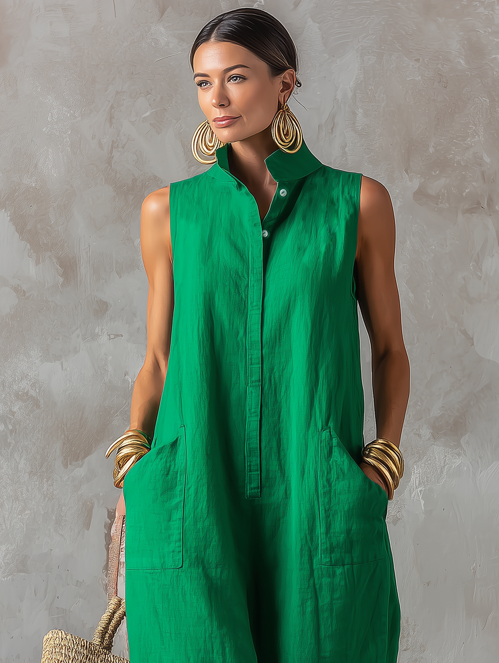 Jerline™ green sleeveless jumpsuit with pointed collar and button placket